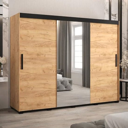 Beilla I Mirrored Wardrobe Sliding 3 Doors 250cm In Golden Oak