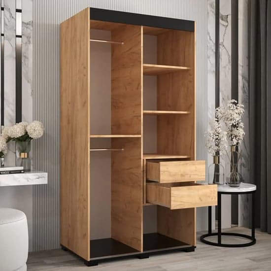 Beilla II Sliding Mirrored Wardrobe | Golden Oak | 5 Shelves | 2 Doors | 100cm