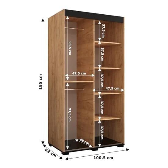 Beilla II Sliding Mirrored Wardrobe | Golden Oak | 5 Shelves | 2 Doors | 100cm