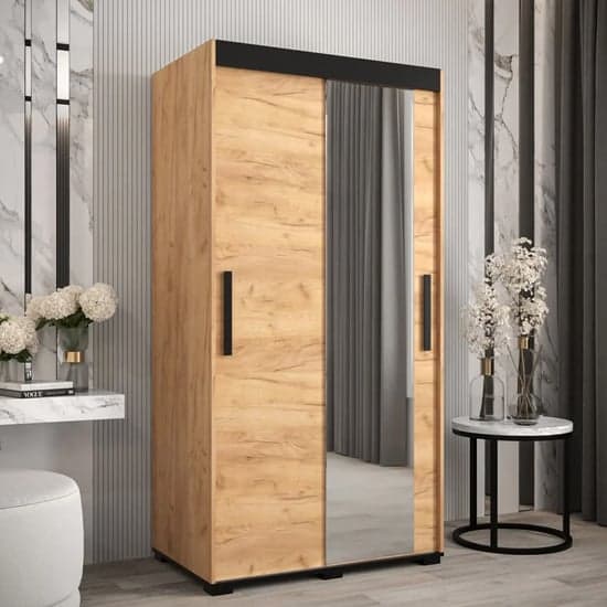 Beilla II Sliding Mirrored Wardrobe | Golden Oak | 5 Shelves | 2 Doors | 100cm