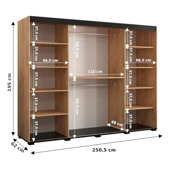 Beilla II Mirrored Wardrobe Sliding 3 Doors 250cm In Golden Oak