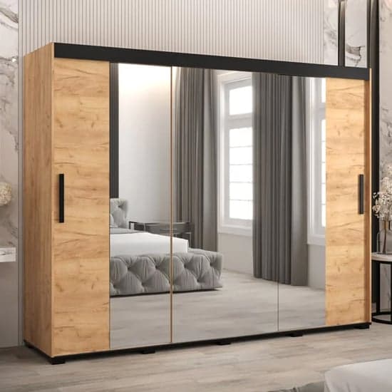 Beilla II Mirrored Wardrobe Sliding 3 Doors 250cm In Golden Oak