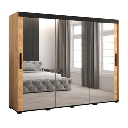 Beilla III Mirrored Wardrobe Sliding 3 Doors 250cm In Golden Oak