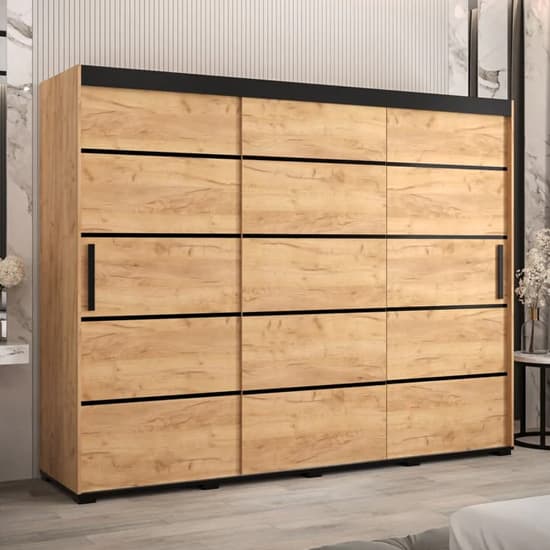 Beilla IV Wooden Wardrobe Sliding 3 Doors 250cm In Golden Oak