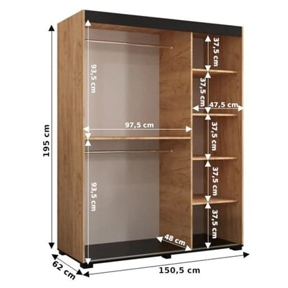 150cm Beilla V Mirrored Sliding Wardrobe with 2 Doors in Golden Oak