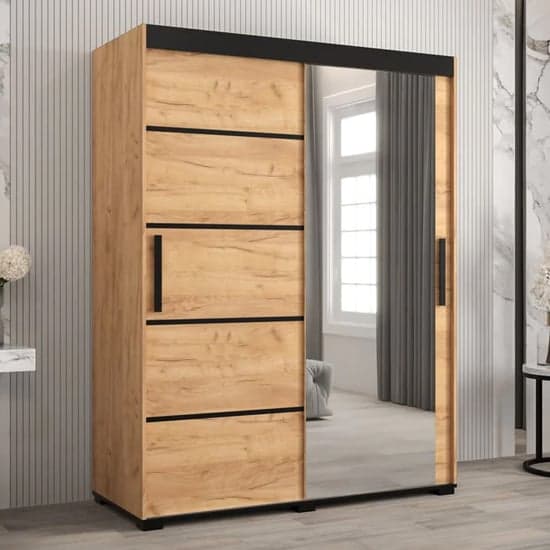 150cm Beilla V Mirrored Sliding Wardrobe with 2 Doors in Golden Oak