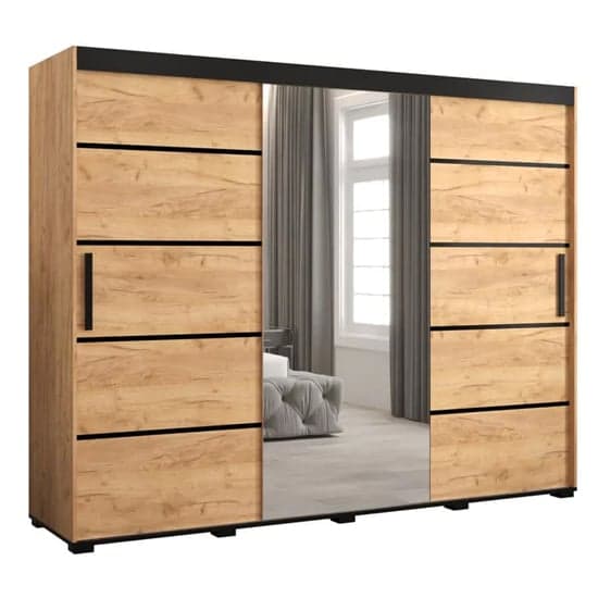 Beilla V Mirrored Wardrobe Sliding 3 Doors 250cm In Golden Oak