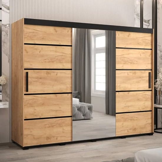 Beilla V Mirrored Wardrobe Sliding 3 Doors 250cm In Golden Oak