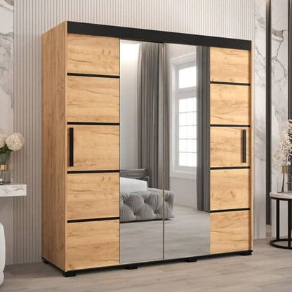 NESTIUM Beilla VI 180cm Mirrored Sliding Wardrobe in Golden Oak with Ample Storage and Modern Design