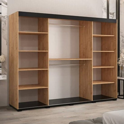 Beilla VI Mirrored Wardrobe Sliding 3 Doors 250cm In Golden Oak