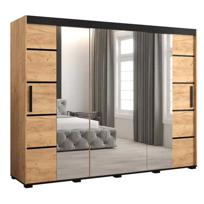 Beilla VI Mirrored Wardrobe Sliding 3 Doors 250cm In Golden Oak