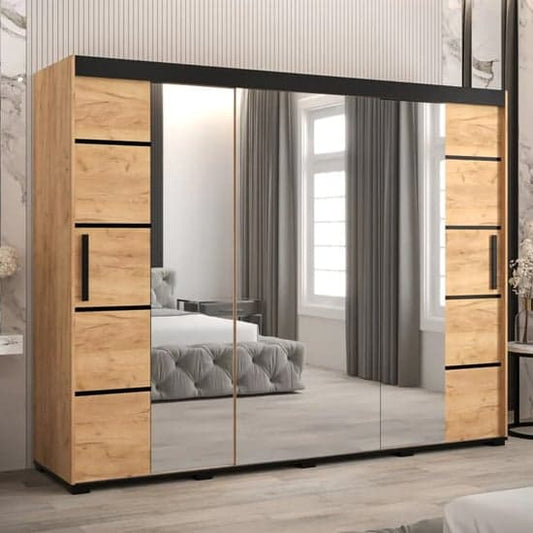 Beilla VI 250cm Sliding Mirrored Wardrobe in Golden Oak with 9 Shelves and 2 Hanging Rails