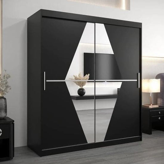 Black 180cm Sliding Mirrored Wardrobe with Two Doors and Shelves