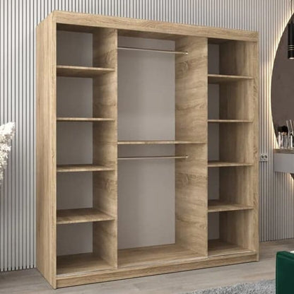 Beloit 180cm Sliding Door Mirrored Wardrobe in Sonoma Oak with Storage Shelves