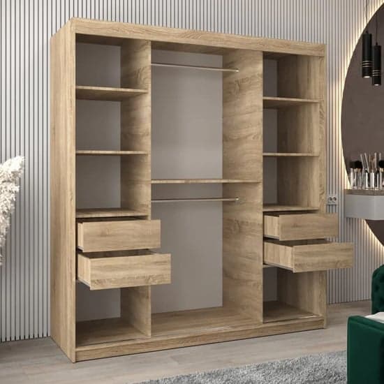 Beloit 180cm Sliding Door Mirrored Wardrobe in Sonoma Oak with Storage Shelves