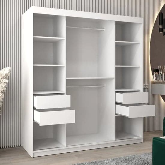 Beloit 180cm White Mirrored Sliding Door Wardrobe with Shelves and Hanging Rails