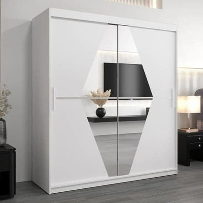 Beloit 180cm White Mirrored Sliding Door Wardrobe with Shelves and Hanging Rails