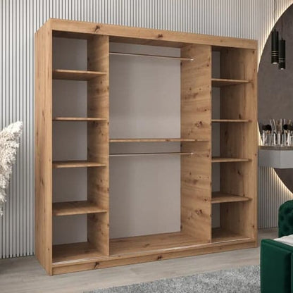 200cm Artisan Oak Mirrored Sliding Door Wardrobe with Shelves and Hanging Rails