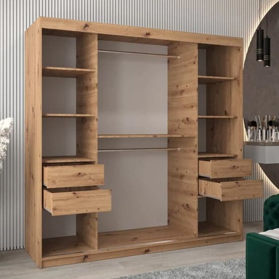 200cm Artisan Oak Mirrored Sliding Door Wardrobe with Shelves and Hanging Rails