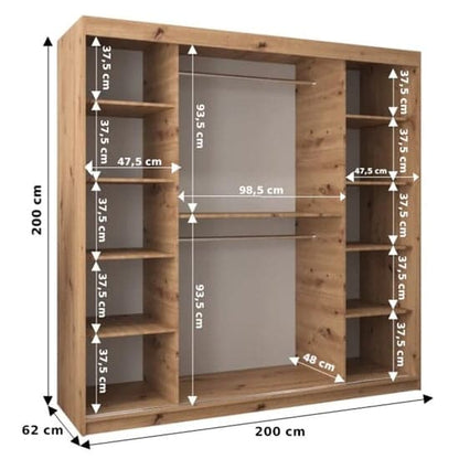 200cm Artisan Oak Mirrored Sliding Door Wardrobe with Shelves and Hanging Rails