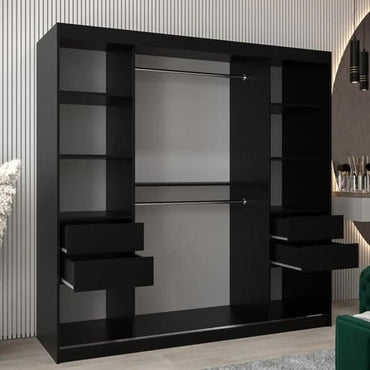 Black 200cm Mirrored Sliding Door Wardrobe with Shelves and Hanging Rails