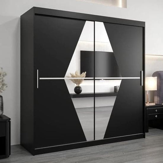 Black 200cm Mirrored Sliding Door Wardrobe with Shelves and Hanging Rails