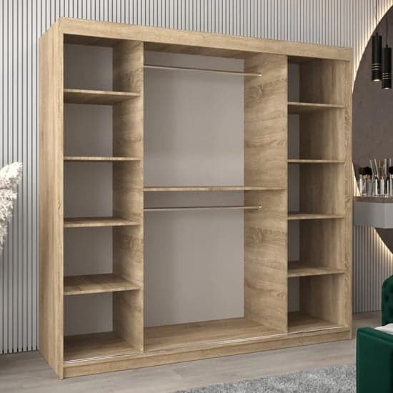 Beloit 200cm Mirrored Sliding Door Wardrobe in Sonoma Oak with Shelves and Rails