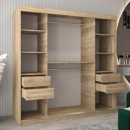 Beloit 200cm Mirrored Sliding Door Wardrobe in Sonoma Oak with Shelves and Rails