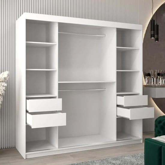 200cm White Sliding Door Mirrored Wardrobe with Shelves and Hanging Rails