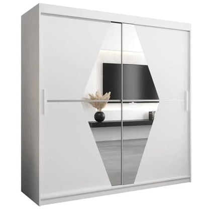 200cm White Sliding Door Mirrored Wardrobe with Shelves and Hanging Rails