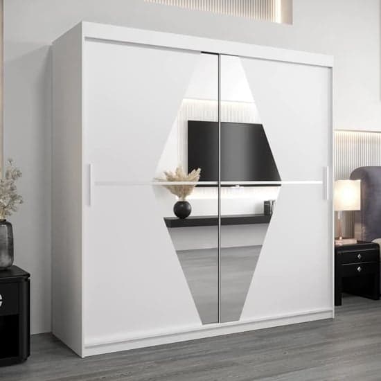 200cm White Sliding Door Mirrored Wardrobe with Shelves and Hanging Rails