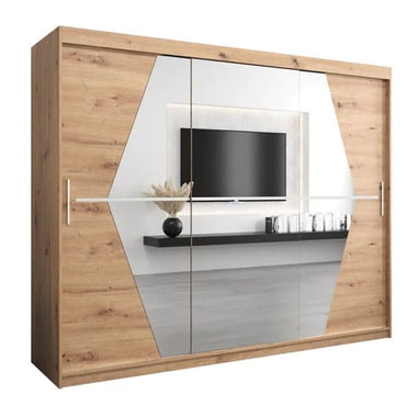 Beloit 250cm Mirrored Sliding Wardrobe with 3 Doors in Artisan Oak Finish