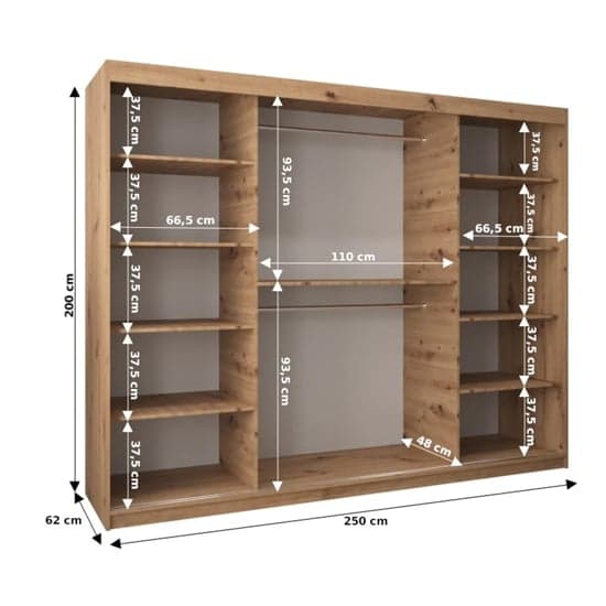 Beloit Mirrored Wardrobe Sliding 3 Doors 250cm In Artisan Oak