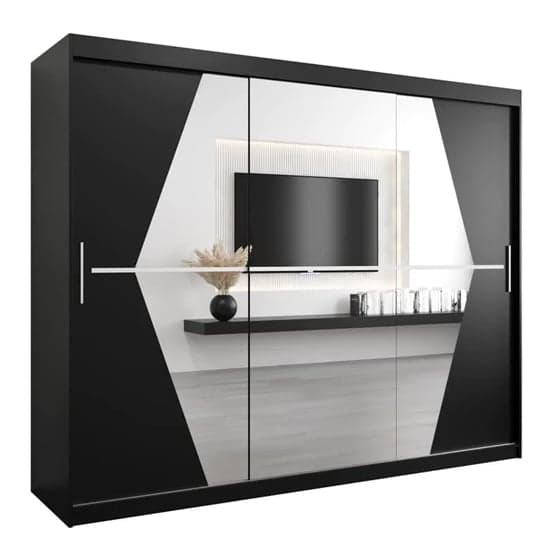 Beloit Mirrored Wardrobe Sliding 3 Doors 250cm In Black