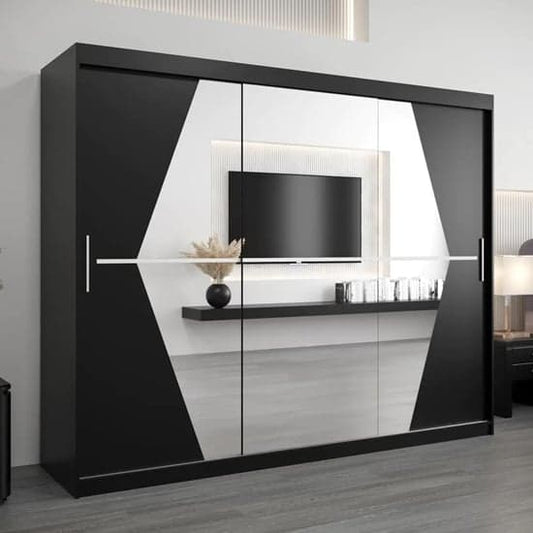 Beloit Mirrored Wardrobe Sliding 3 Doors 250cm In Black