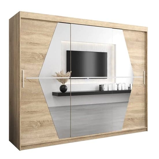 Beloit Mirrored Wardrobe Sliding 3 Doors 250cm In Sonoma Oak