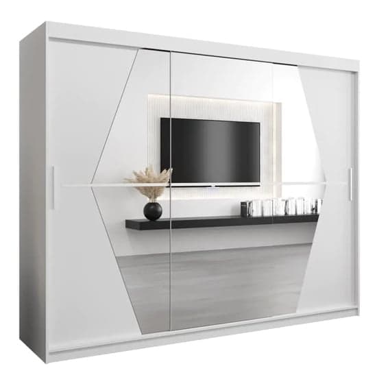 Beloit Mirrored Wardrobe Sliding 3 Doors 250cm In White