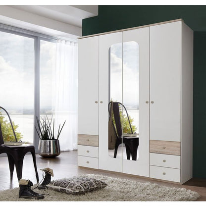 4-Door Mirrored Wardrobe with 6 Drawers in White & Oak - Stylish Storage Solution for Bedrooms