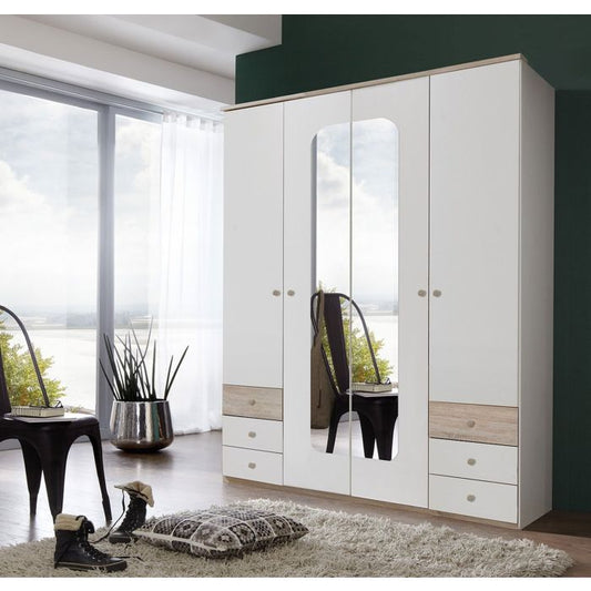 4-Door Mirrored Wardrobe with 6 Drawers in White & Oak - Stylish Storage Solution for Bedrooms