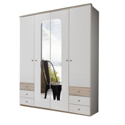 4-Door Mirrored Wardrobe with 6 Drawers in White & Oak - Stylish Storage Solution for Bedrooms