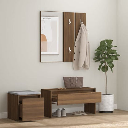 Furco Bevis Brown Oak Hallway Furniture Set with Storage Bench, Console Table, and Coat Rack