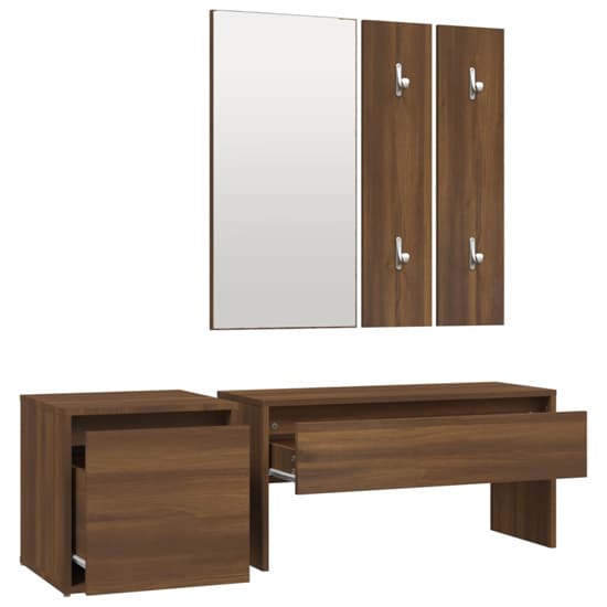 Furco Bevis Brown Oak Hallway Furniture Set with Storage Bench, Console Table, and Coat Rack