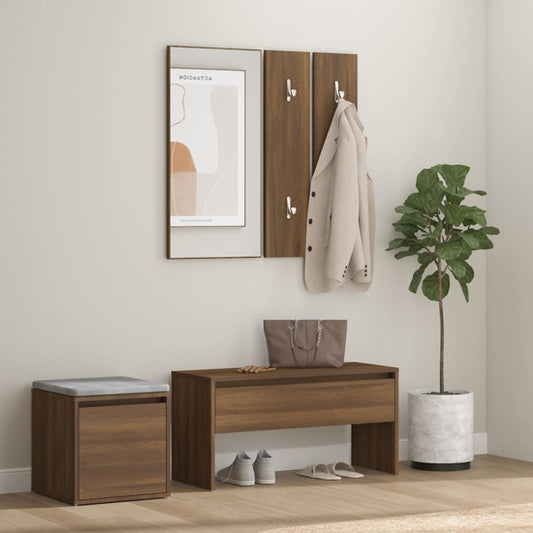 Furco Bevis Brown Oak Hallway Furniture Set with Storage Bench, Console Table, and Coat Rack