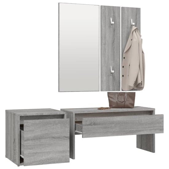 Furco Bevis Grey Sonoma Oak Hallway Furniture Set with Storage Bench, Console Table, and Coat Rack