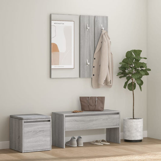 Furco Bevis Grey Sonoma Oak Hallway Furniture Set with Storage Bench, Console Table, and Coat Rack