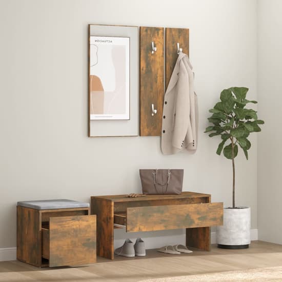 Furco Bevis Smoked Oak Hallway Furniture Set with Console Table, Shoe Cabinet, and Mirror