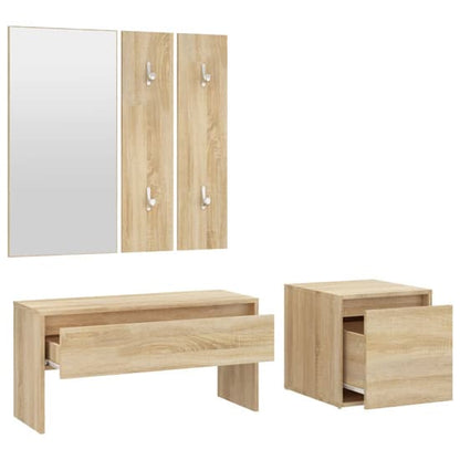 Furco Bevis Sonoma Oak Entryway Furniture Set with Console Table, Shoe Cabinet, Mirror, and Coat Rack