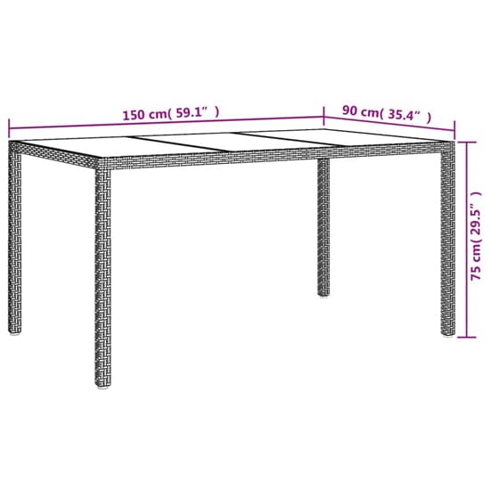 Furco Rectangular Glass Top Outdoor Dining Table in Beige with Poly Rattan Frame