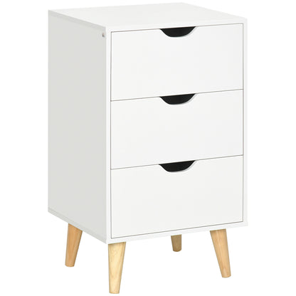 HOMCOM edside Table, Bedside Cabinet with 3 Drawers, Small Side Table with Wood Legs and Cut-out Handles for Bedroom, White