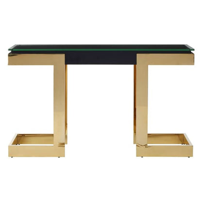 Bibha Black Glass Top Console Table With Gold Frame